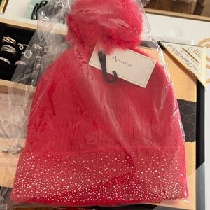Women's Red Beanie with Rhinestones